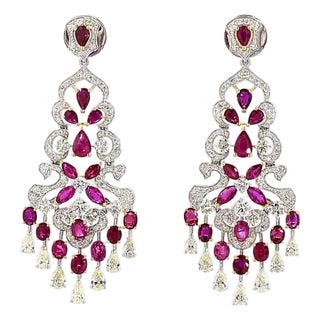 3.49 Carat Round Brilliant Cut White Diamond Blue Diamond Ruby Gold Earrings, Pair For Sale