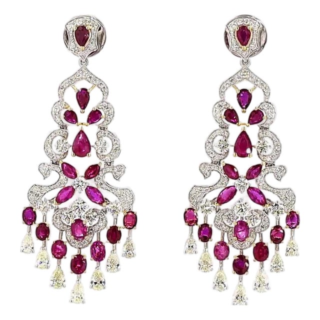 3.49 Carat Round Brilliant Cut White Diamond Blue Diamond Ruby Gold Earrings, Pair For Sale