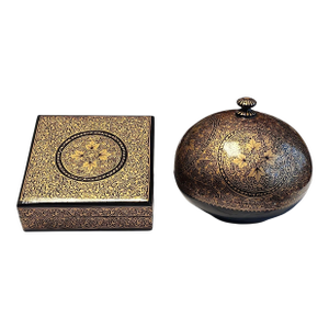 Vintage Kashmiri Papier Mache Covered Bowl and Set of Coasters- 6 Pieces