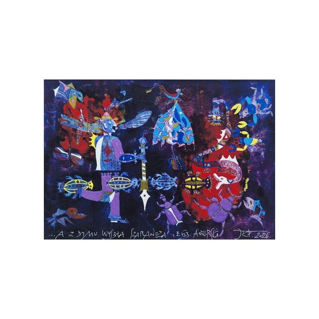 This striking artwork captivates with its bold use of color and texture, centered within a vivid red backdrop that...