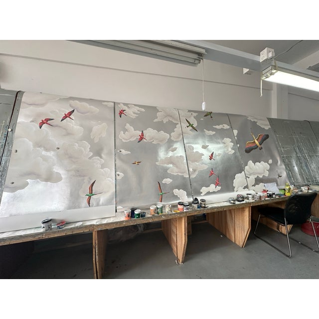 Art Deco Hand Painted Silver Leaf Sky & Flying Birds Panoramic Mural Panels | Set of 4 Panels 3ft×8ft Custom Cloud Wallpaper For Sale - Image 3 of 3