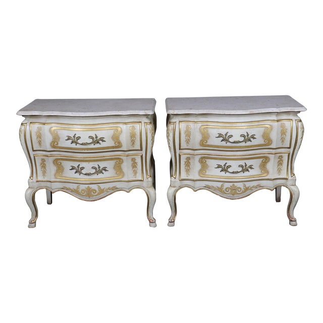 Pair Venetian Style Painted With Travertine Top Night Stands by John Widdicomb For Sale