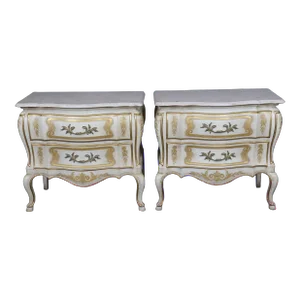 Pair Venetian Style Painted With Travertine Top Night Stands by John Widdicomb