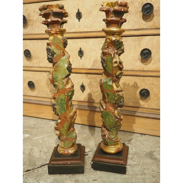 Pair of 17th Century Italian Giltwood and Polychrome Grape Leaf Table Columns For Sale - Image 15 of 18
