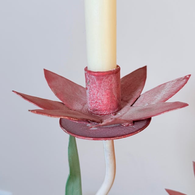 1980s Vintage Tole Lotus Flower 2-Arm Candelabra For Sale - Image 5 of 7