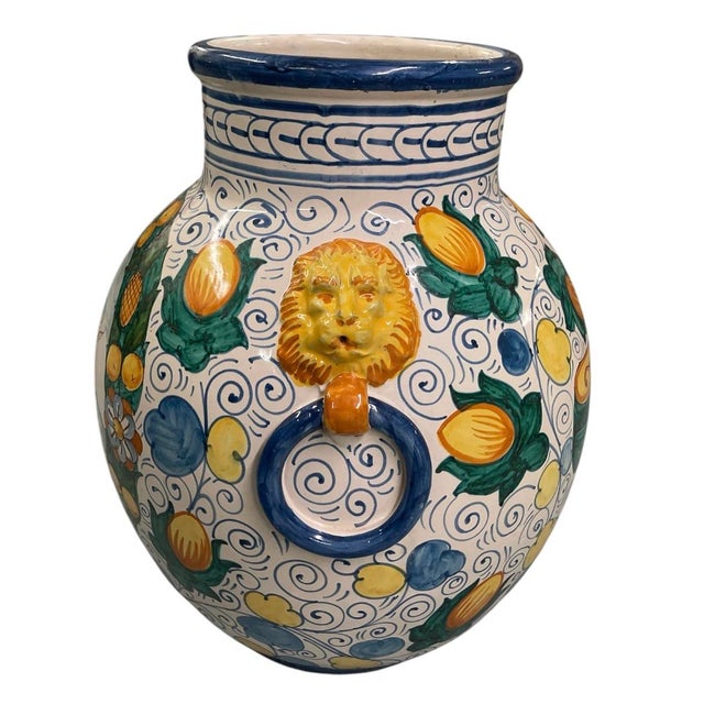 Italian Vintage Italian Majolica Style Lion-Head Lemon Motif Ceramic Urn Vase For Sale - Image 3 of 12