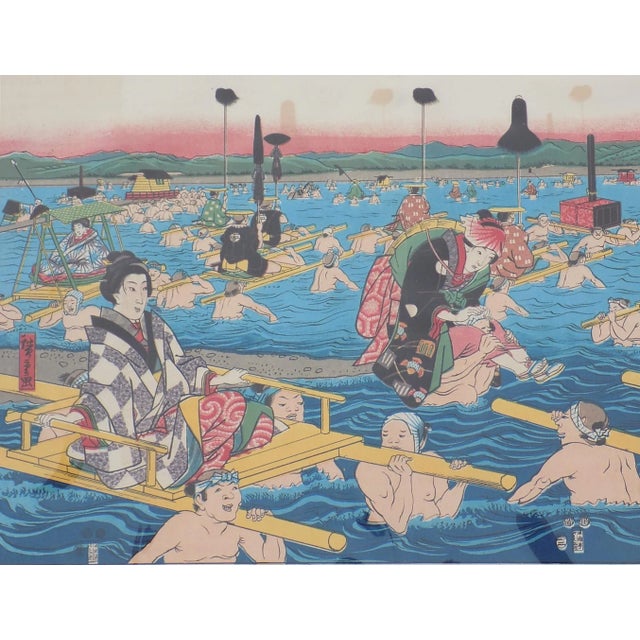 Japanese Japanese Crossing the Ohe-E-Ga-Wa Woodblock Print, 1856 For Sale - Image 3 of 6