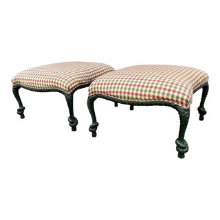 Late 20th Century Carved Wood Rope Twist and Tassel Ottomans - a Pair For Sale