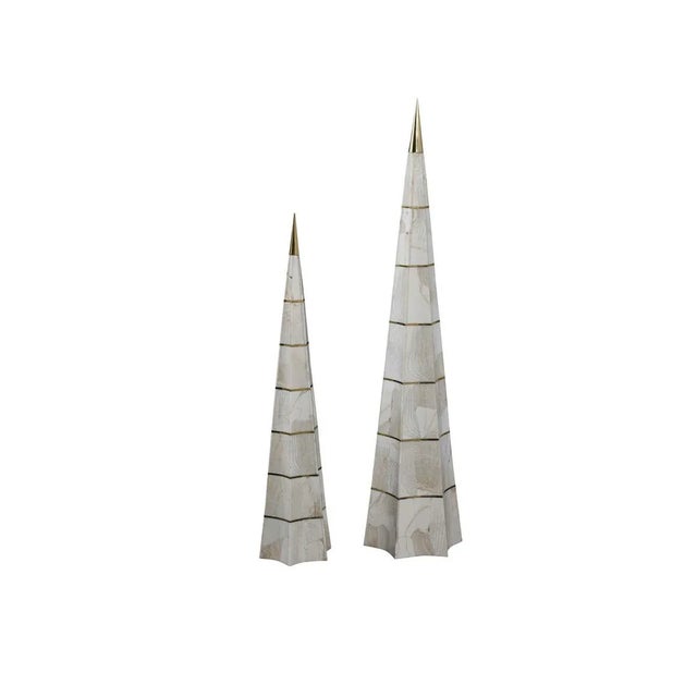 Set of Two Clam Stone Inlaid Obelisks with Inlaid Brass Accents