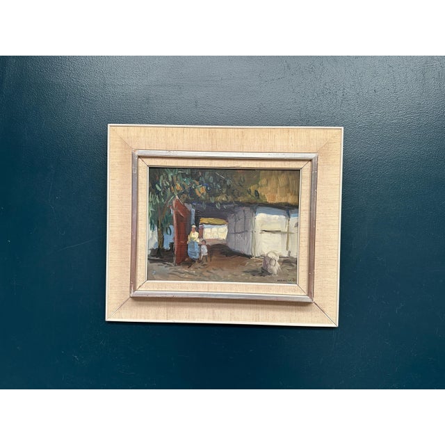 Axel Hamborn, Villagers in Courtyard, 1950s, Oil Painting on Panel, Framed For Sale - Image 16 of 18