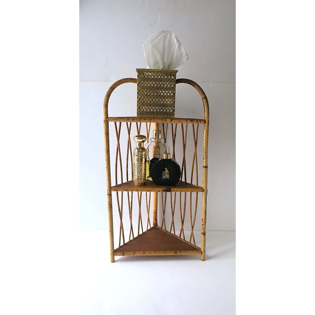 Mid 20th Century Wicker Bamboo Corner Wall or Floor Shelf Étagère For Sale - Image 5 of 17