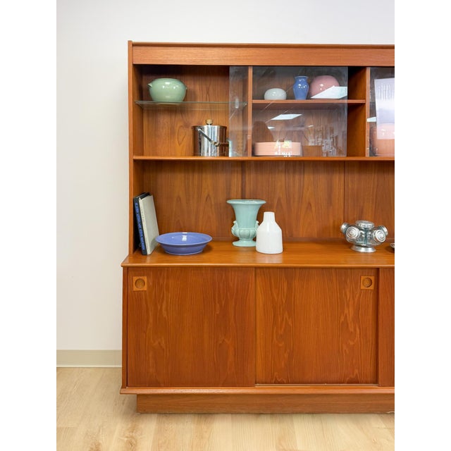 MCM Teak 2 Piece China Cabinet Sliding Doors Shelves Vintage Buffet Storage For Sale - Image 14 of 17