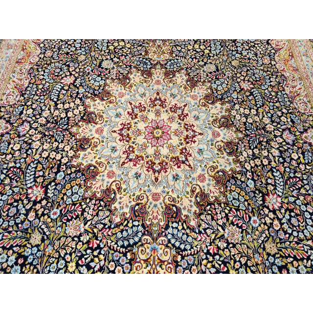 Antique Oversized Persian Kerman Lavar Rug, Hand-Knotted Wool, Millefleur Floral Pattern, Navy & Ivory, 10x14 For Sale - Image 16 of 17