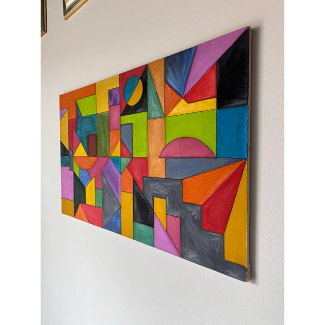 Mid-Century Modern 2003 Vintage Daniel Colorful Geometric Abstract Oil on Canvas Painting – Unframed For Sale - Image 3 of 10