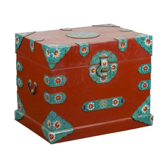 Vintage Chinese Blanket Chest with Red Lacquer & Cloisonné Floral Décor For Sale - Image 13 of 13