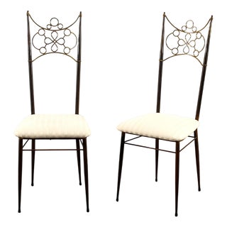Mid-Century Brass, Metal and White Fabric High-Backed Chairs, Italy, 1950s, Set of 2 For Sale