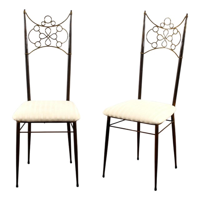 Mid-Century Brass, Metal and White Fabric High-Backed Chairs, Italy, 1950s, Set of 2 For Sale