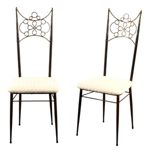 Mid-Century Brass, Metal and White Fabric High-Backed Chairs, Italy, 1950s, Set of 2