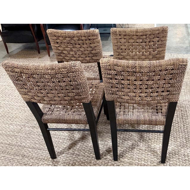 Wood 4 Palecek Blackened Pananawood & Woven Seagrass Dining Chairs, Late 20th Century For Sale - Image 7 of 17