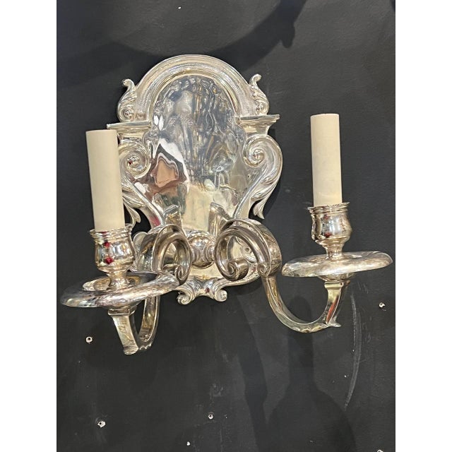 pair of 1900 Caldwell silver plated neoclassical style sconces with two lights