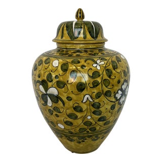 Italian Hand Painted Green and Yellow Ceramic Urn With Lid For Sale