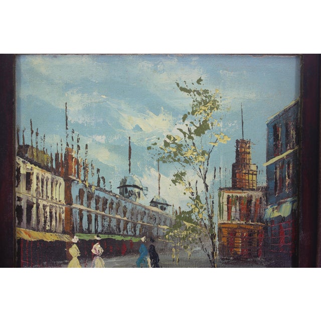 Blue Vintage European City Scene Paris France Oil Painting, Framed, Small Original Art For Sale - Image 8 of 9