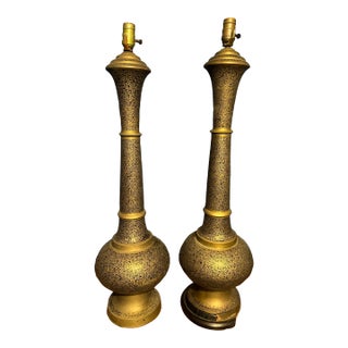 Mid Century Era Indian Etched Tall Brass Lamps, a Pair For Sale