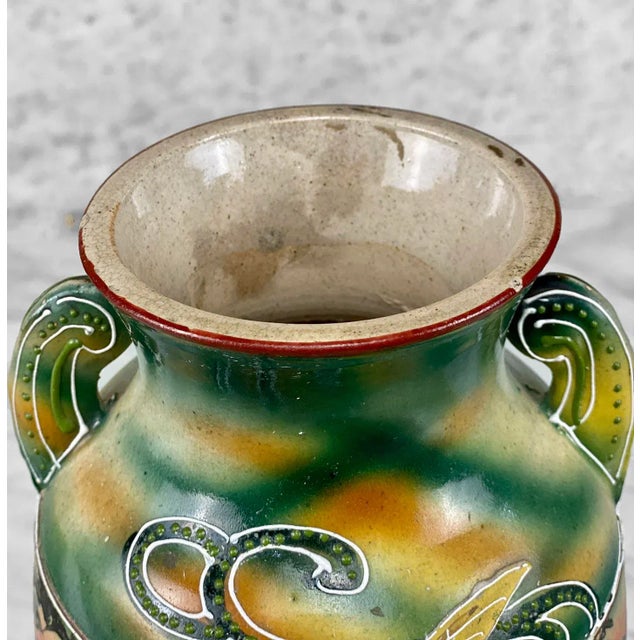 Green Vintage Japanese Porcelain Crane Bird Motif Handle Vase For Sale - Image 8 of 10