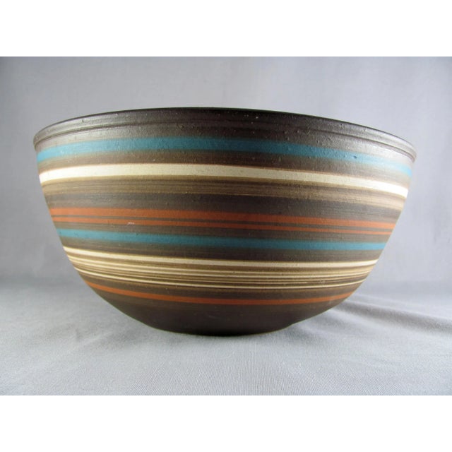 Studio Pottery 1970s Israel Rina Peleg Style Blue & Brown Striped Studio Art Pottery Salad Bowl For Sale - Image 4 of 11