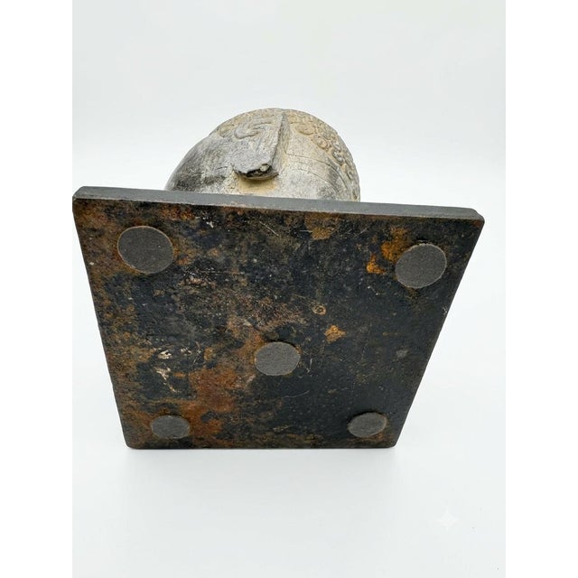 Mid 20th Century Vintage Asian Modern Carved Rock Buddha Head Sculpture on Industrial Iron Stand For Sale - Image 5 of 5