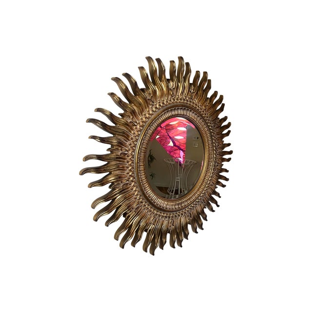 Wood Vintage Mid Century Modern Large Sunburst Sun Labarge Wall Art Mirror Gold Gilt Hollywood Regency 1970s MCM For Sale - Image 7 of 7