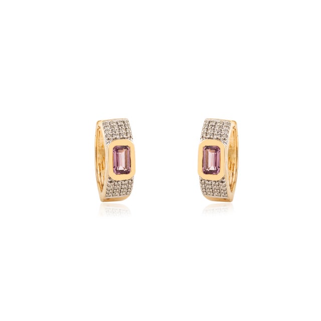Contemporary 14k Yellow Gold Octagon Sapphire & Diamond Pink Contemporary Hoop Earrings- A Pair For Sale - Image 3 of 12