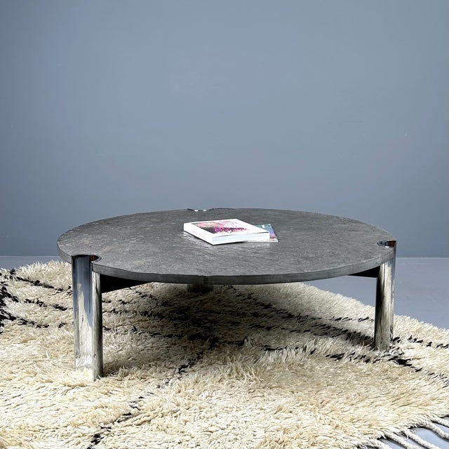 Chrome-Plated Salon Table with Slate Top, Switzerland, 1970s For Sale - Image 4 of 9