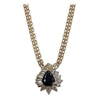 Pear Sapphire & Diamond 14k Gold Pendant Necklace For Sale