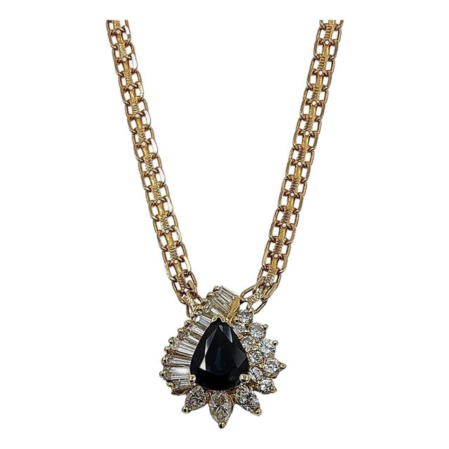 Pear Sapphire & Diamond 14k Gold Pendant Necklace For Sale