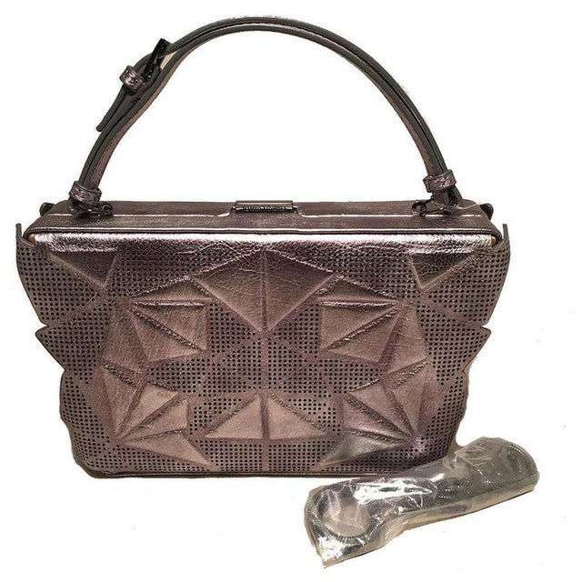 Animal Skin Tonya Hawkes Silver Metallic Embossed and Laser Cut Leather Convertible Clutch For Sale - Image 7 of 7