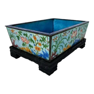 Antique Chinese Pale Turquoise Canton Enamel Planter on Stand