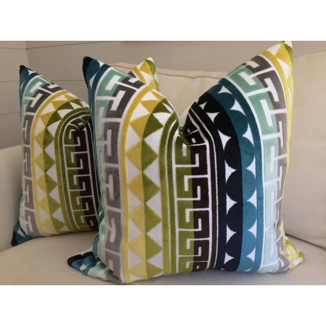 Love this fun fabric! “Seurat” in Seaside features velvet rows of beautiful geometric patterns in deep blues and greens on...