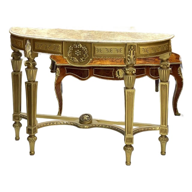 Luxury Baroque Console Table – Gold Leaf Finish With Carvings & Marble Top For Sale