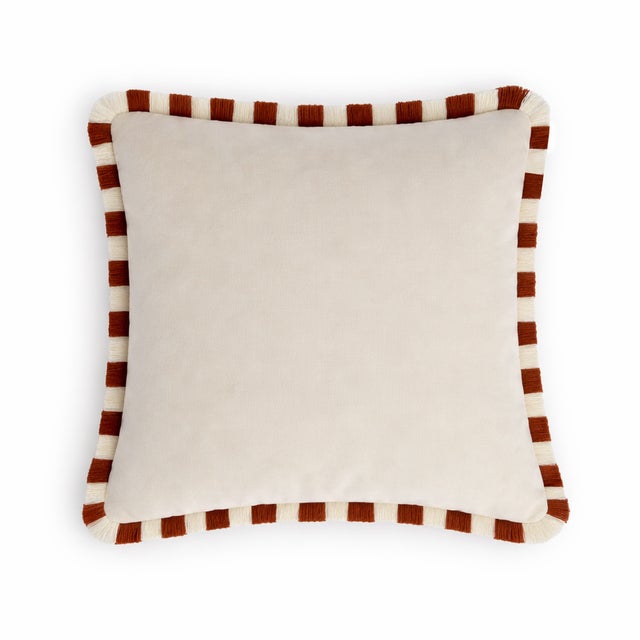 Textile Bicolor Brick Velvet Cushion with Brick and White Fringes by Lo Decor For Sale - Image 7 of 8