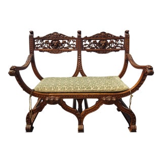 Antique 19th Century Intricately Carved Savonarola Settee Bench Lion Handrests For Sale