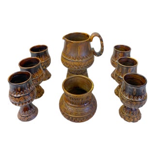 Vintage Brutalist Studio Pottery Ceramic Drink Set, Pitcher, Ice Bucket, 6 Goblets - 8 pcs For Sale