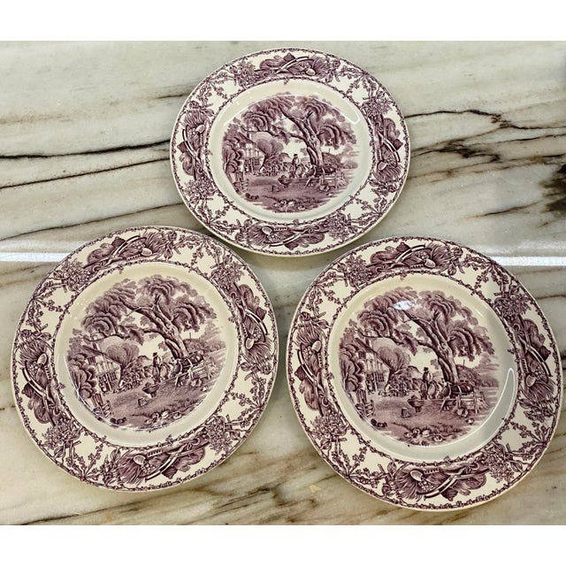 Purple English 19th Century Transferware Dessert Plates, S/3 For Sale - Image 4 of 7