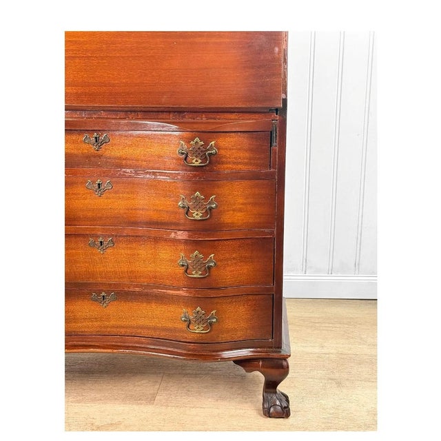1940s Antique Chippendale Mahogany Oxbow Drop Front Secretary Desk For Sale - Image 5 of 5
