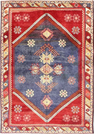 Vintage Turkish Oushak Rug With Geometric Design in Blue and Red