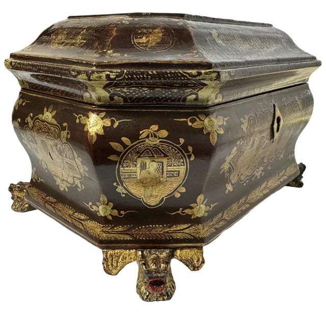 Chinoiserie Antique Louis XV Chinese Gilt Lacquerware Tea Caddy Box W/Carved Dragon Feet For Sale - Image 3 of 12