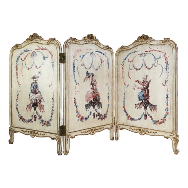 Vintage French Rococo Three-Panel Hand-Painted Vanity Screen – Chinoiserie Room Divider For Sale