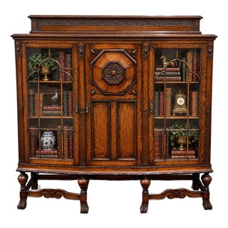 Antique English Jacobean Bookcase Bow Front Cabinet Triple Door Oak C1930s For Sale
