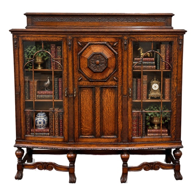 Antique English Jacobean Bookcase Bow Front Cabinet Triple Door Oak C1930s For Sale