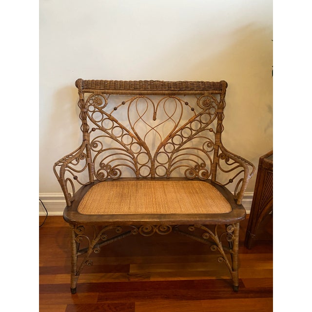 Victorian Antique American Victorian Wicker and Cane Courting Bench Chair Settee For Sale - Image 3 of 13